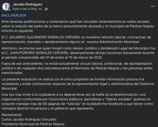 Alcalde del municipio de Piedras Negras hace importante aclaración