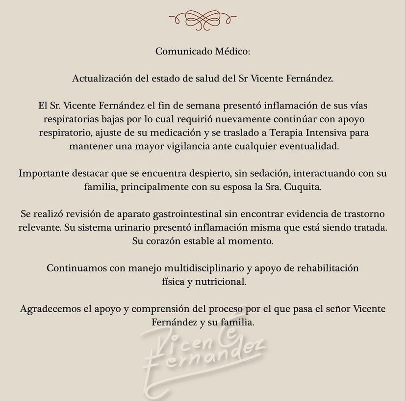 Comunicado sobre la salud de Vicente Fernández