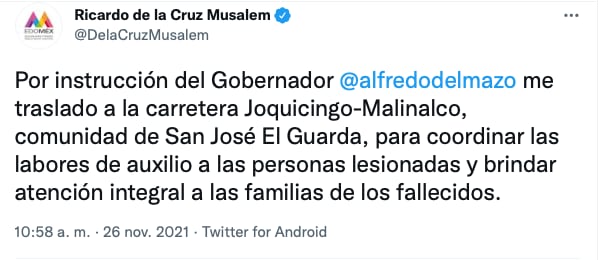 Acude al accidente de Joquicingo, Ricardo de la Cruz Masulem, subsecretario General del Gobierno del Estado de México/@DelaCruzMusalem