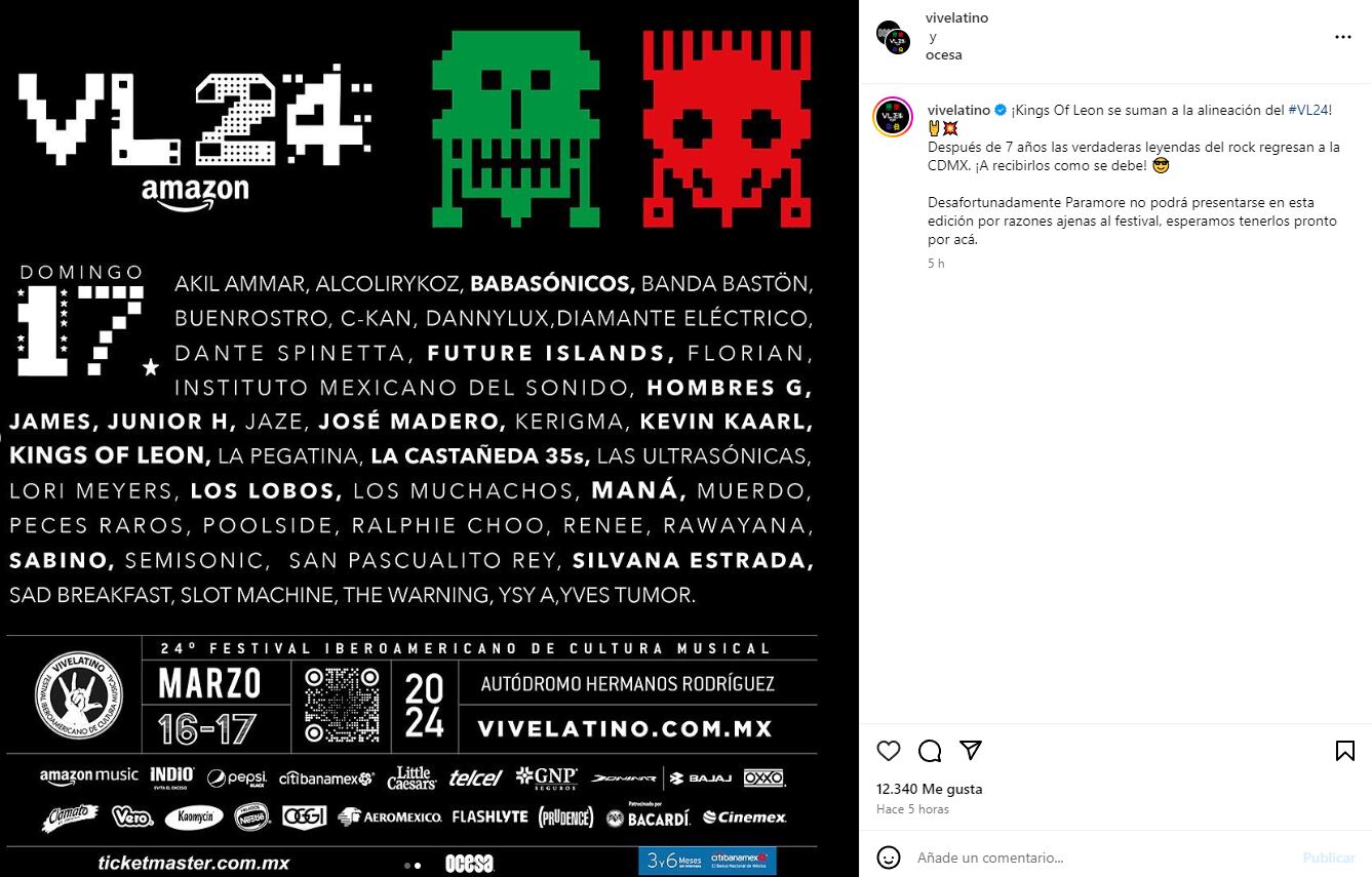 Cartel Vive Latino 2024 sin Paramore