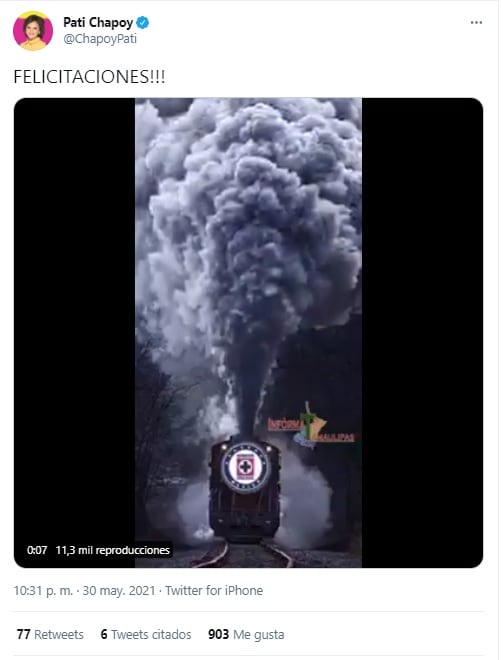 En sus redes sociales, Pati Chapoy felicitó al Cruz Azul por su triunfo