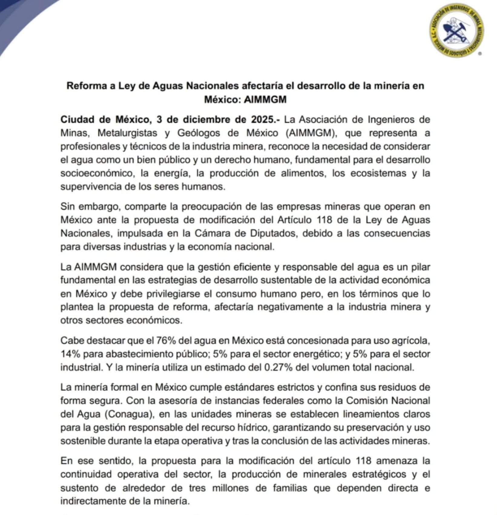 Sector minero se pronuncia contra Ley de Aguas Nacionales