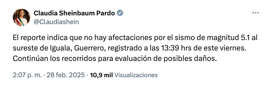 Claudia Sheinbaum compartió reporte del sismo del 28 de febrero de 2025, temblor con epicentro en Guerrero