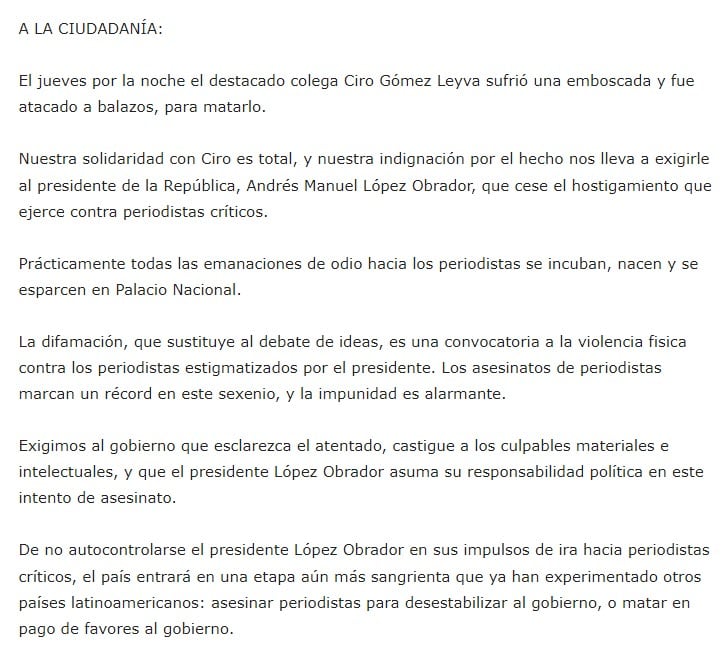 Carta Abierta enviada a AMLO por periodistas