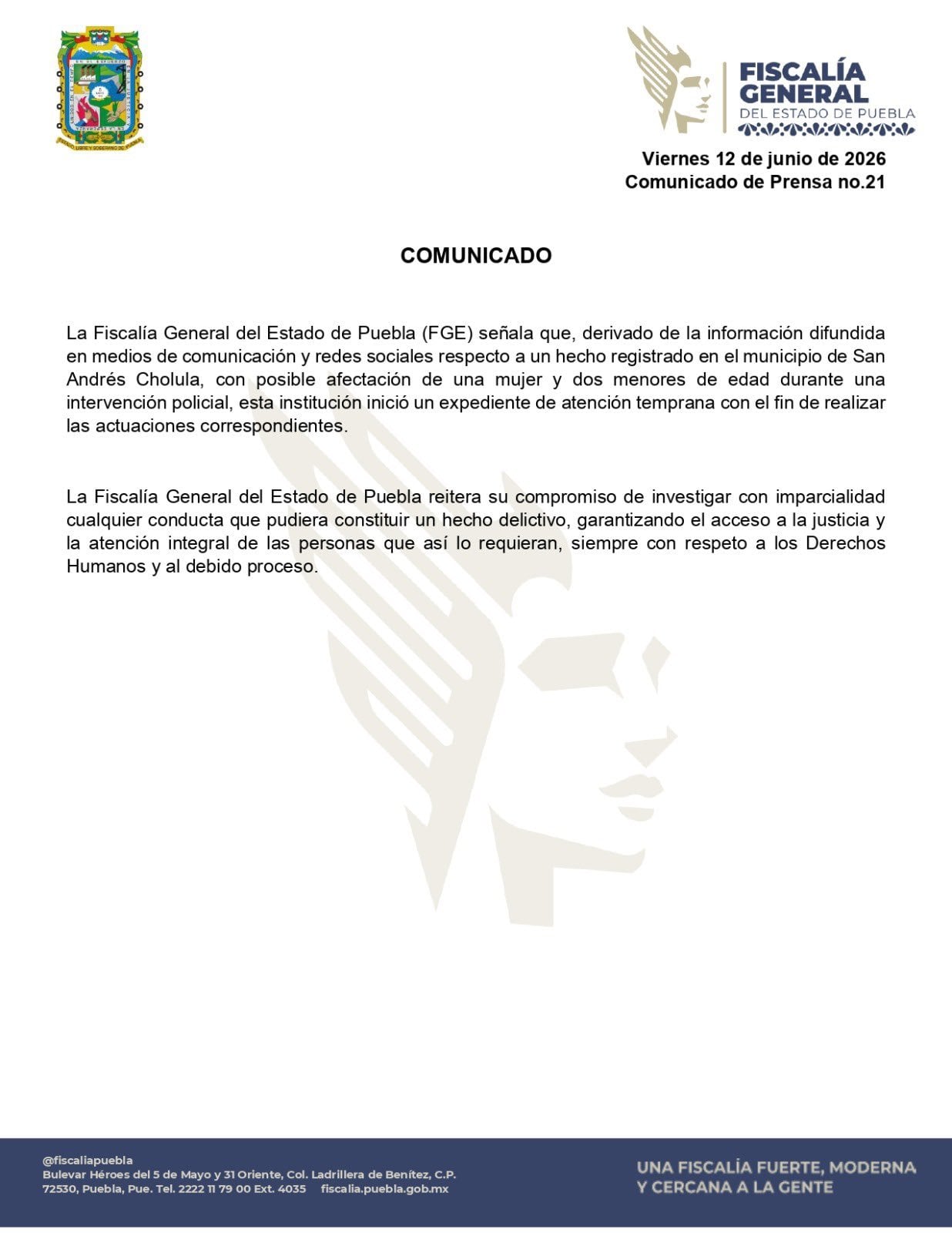 Fiscalía de Puebla investiga denuncia contra policía por presunto abuso de autoridad