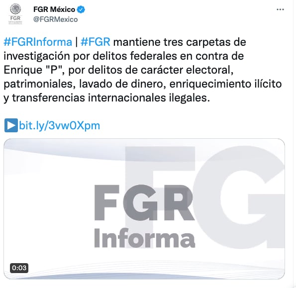 FGR investiga a Enrique Peña Nieto por enriquecimiento ilícito, delitos electorales y lavado de dinero