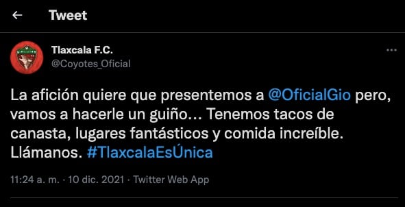 Los Coyotes de Tlaxcala le hicieron un guiño Giovani Dos Santos