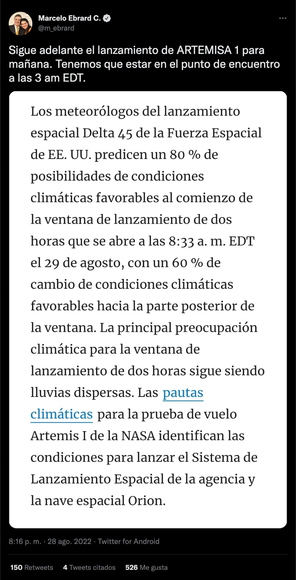 ¿Nada le sale bien? Marcelo Ebrard no pudo ver despegar al Artemis 1