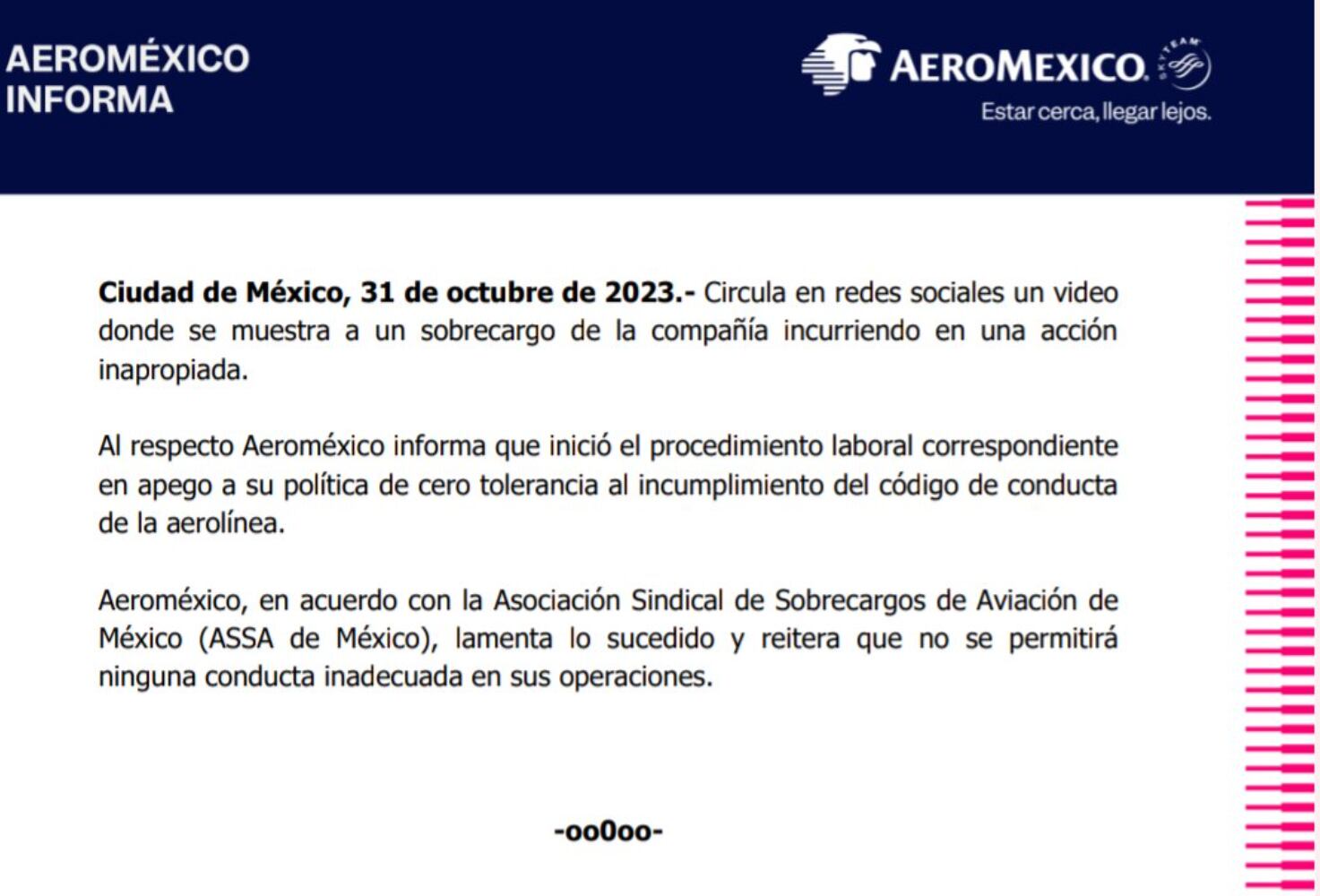 Aeroméxico se pronuncia tras incidente provocado por sobrecargo