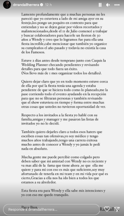 Randall Herrera se defiende de críticas por fiesta de Wendy Guevara