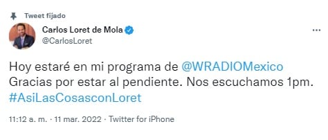Tuit de Carlos Loret de Mola