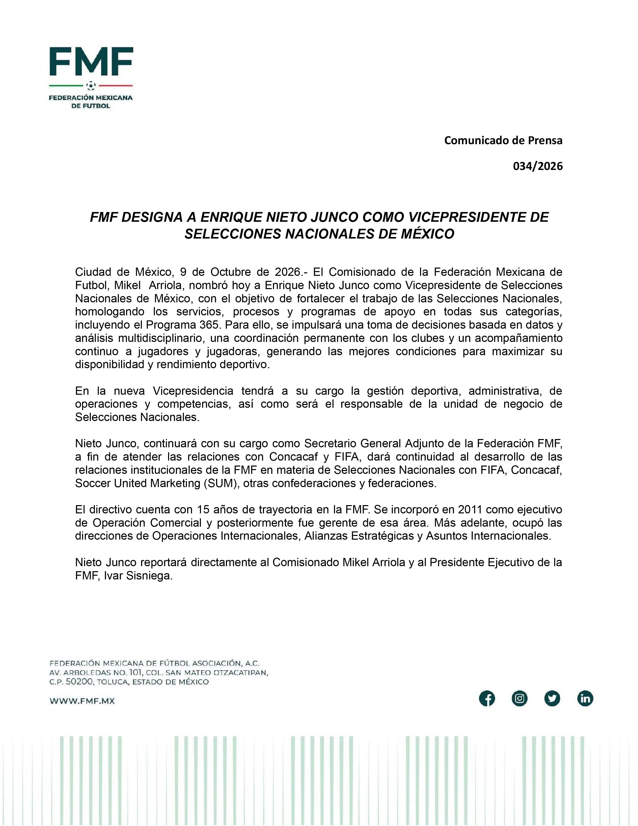 FMF anuncia a Enrique Nieto Junco como nuevo vicepresidente de Selecciones Nacionales.