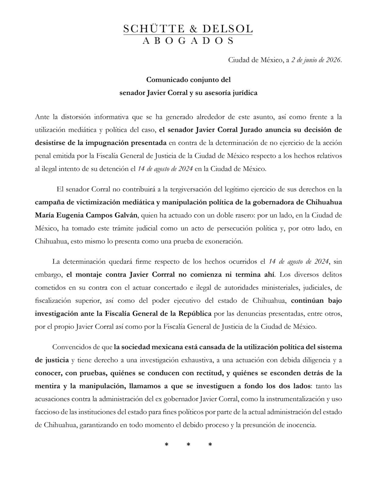 Javier Corral se desiste de impugnación en caso de Maru Campos