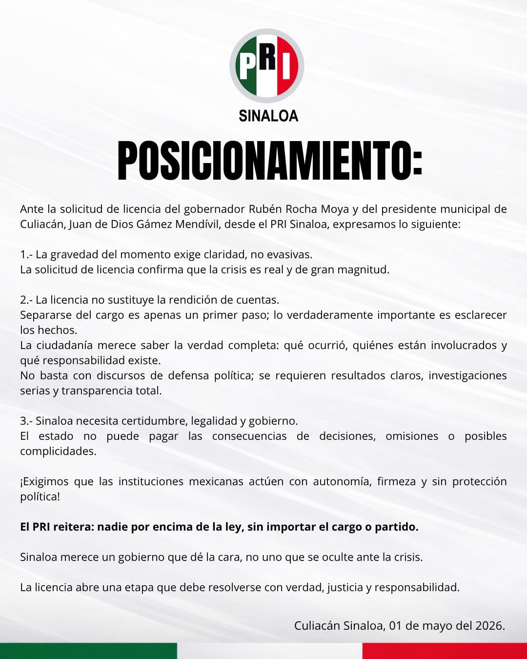 PRI Sinaloa exige cuentas tras licencias de Rocha Moya y Gámez Mendívil
