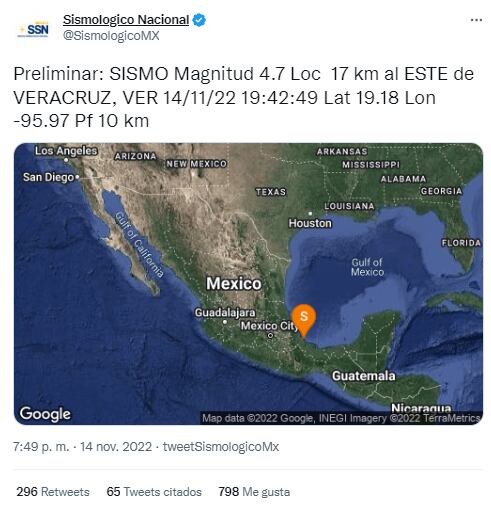 Hoy 14 de noviembre se registró un temblor en Veracruz, pues se sintió un sismo de magnitud 4.7