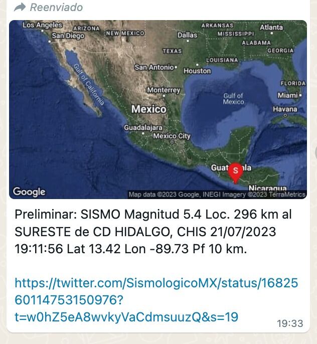 Reporte de sismo en Chiapas