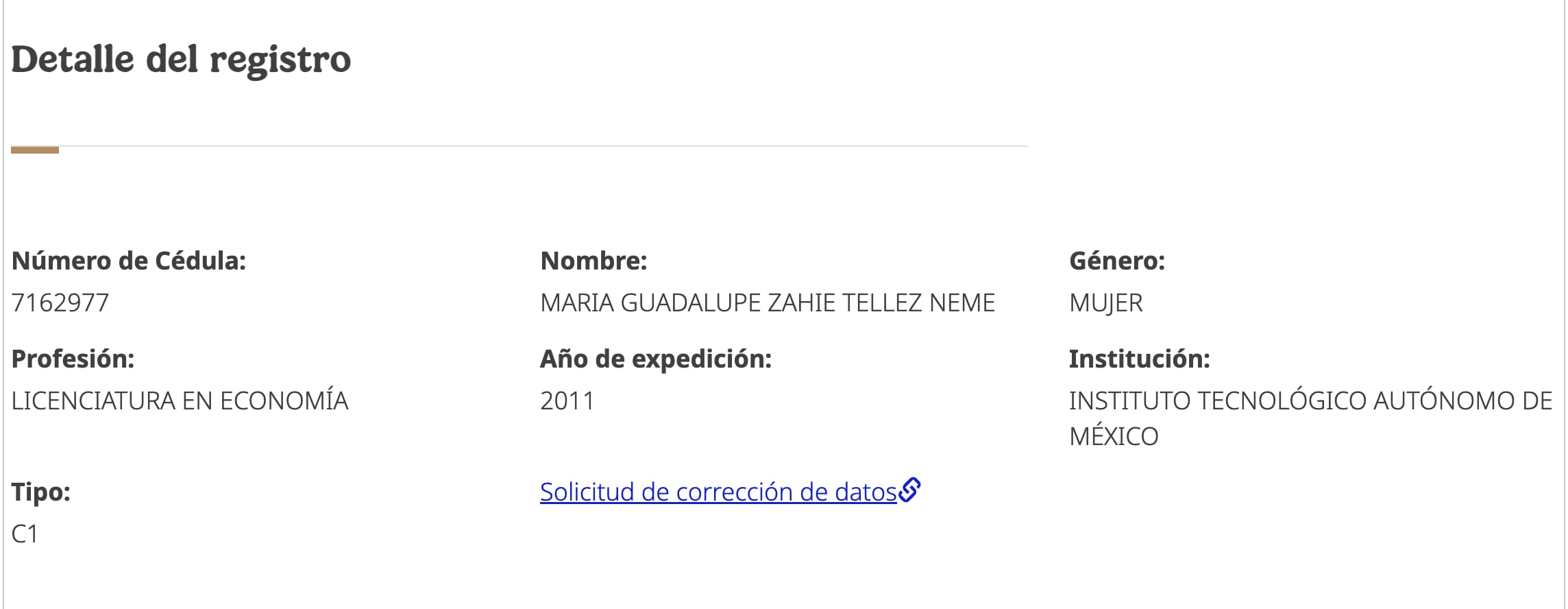 Cédula profesional de Zahie Téllez