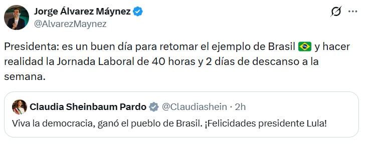 Jorge Álvarez Máynez pide a Sheinbaum que siga los pasos de Lula y apruebe una jornada de 40 horas