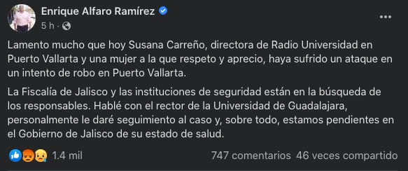 Enrique Alfaro lamenta ataque a Susana Carreño, reportera en las mañaneras de AMLO