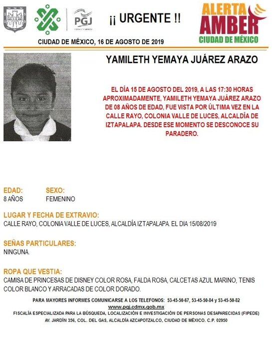 Alerta Amber: Buscan a Yamilet de 8 años