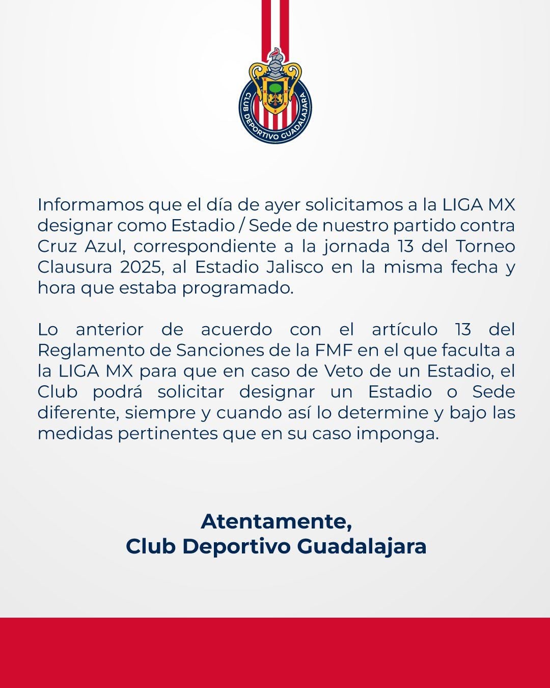 Comunicado de Chivas sobre el partido vs Cruz Azul en el Estadio Jalisco.