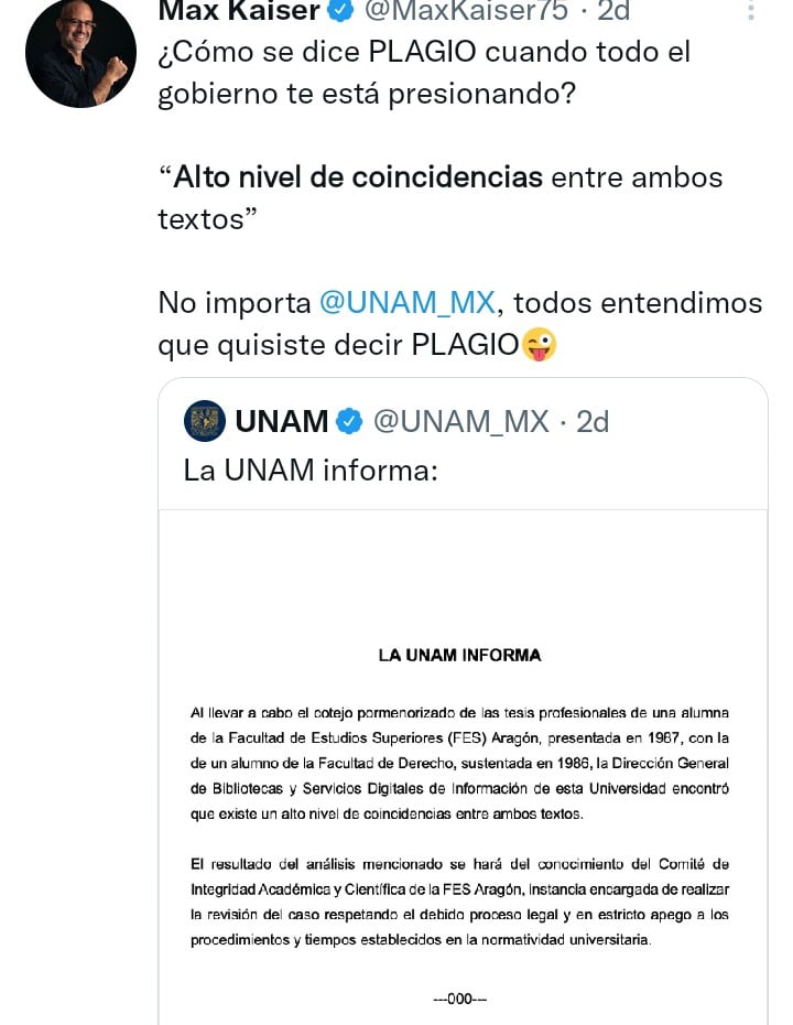 Reclamos a la UNAM por no usar la palabra plagio