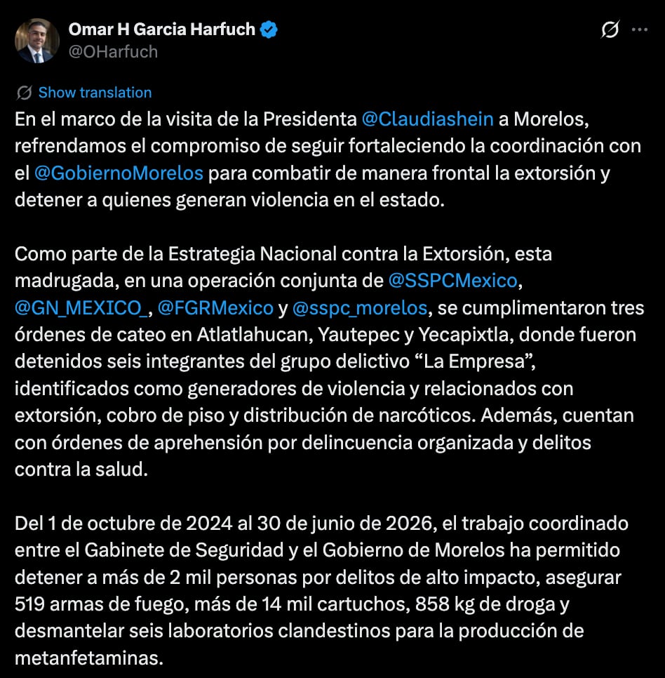 Omar García Harfuch informó la detención de seis presuntos integrantes de la célula criminal “La Empresa”.