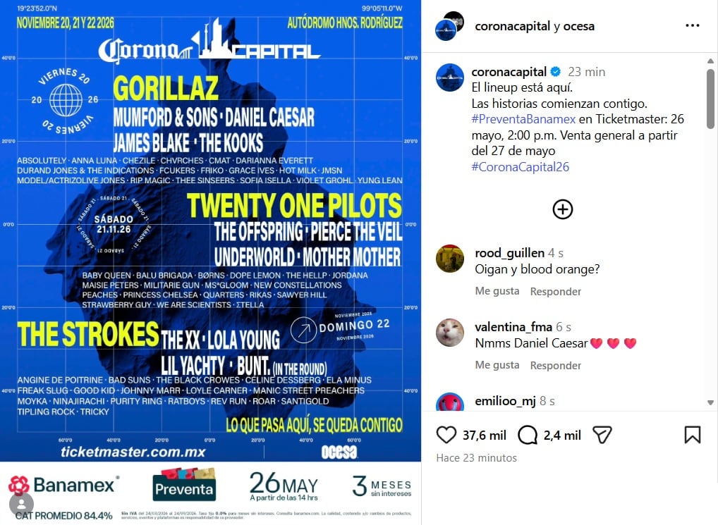 Corona Capital 2026 revela lineup con Gorillaz, Twenty One Pilots y The Strokes