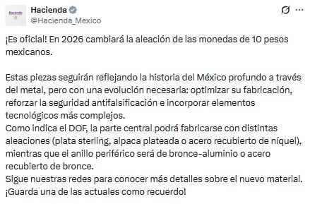 La SHCP confirma cambio en las monedas de 10 pesos este 2026.