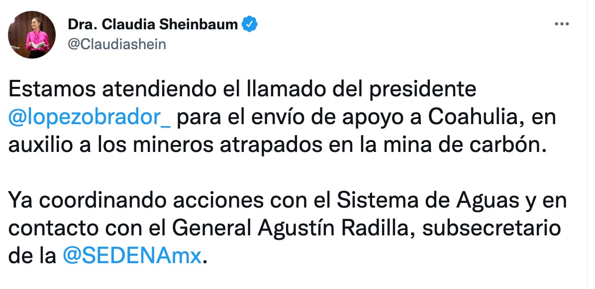 Claudia Sheinbaum anuncia ayuda para mineros en Coahuila