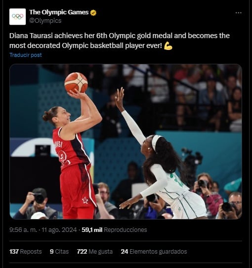 Diana Taurasi impone récord de seis medallas de oro.