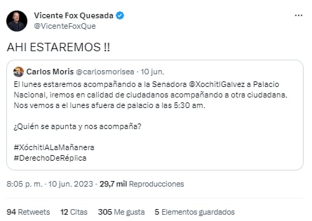 Vicente Fox apoya a Xóchitl Gálvez