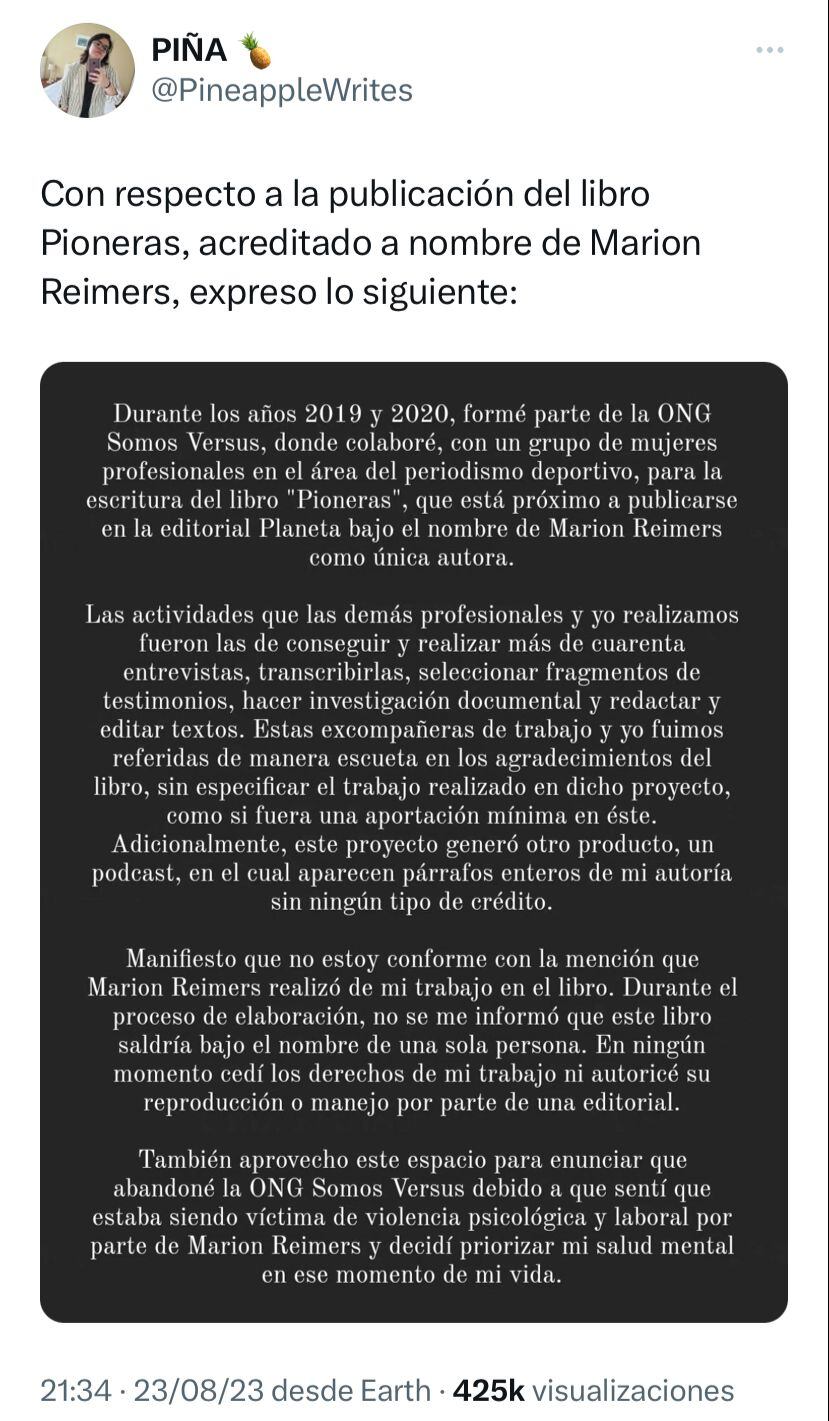 Acusación a Marion Reimers por cometer plagio en el libro Pioneras.