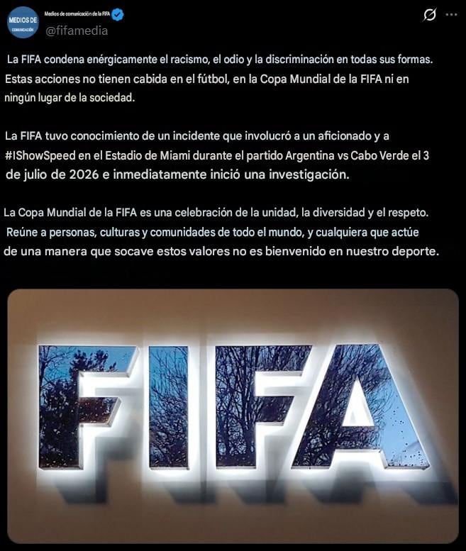 FIFA investiga acto racista contra IShowSpeed durante el Argentina vs Cabo Verde