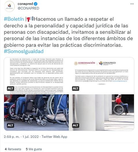 Conapred exige al SAT que respeten derecho de joven con discapacidad