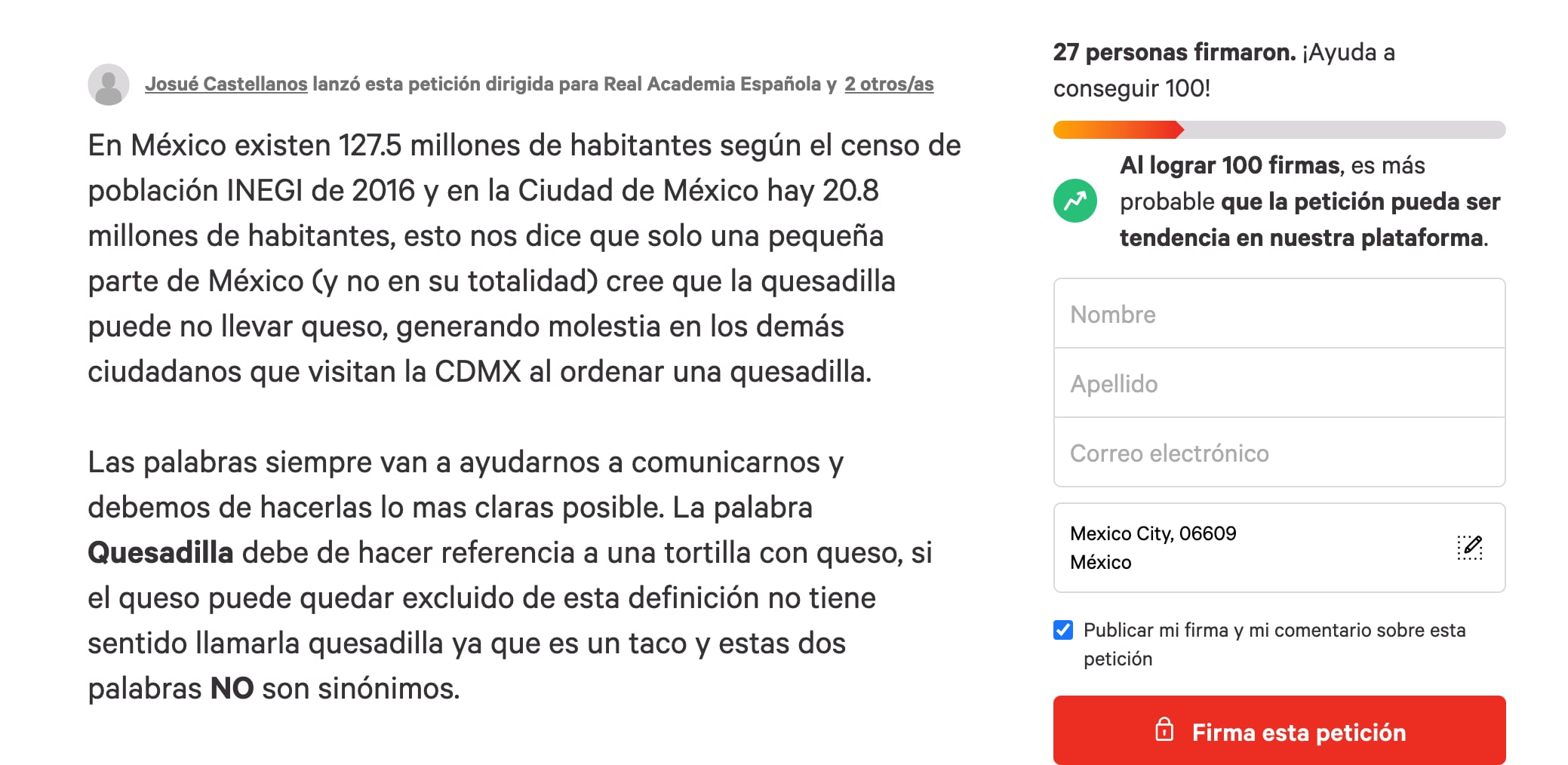 Petición para que la RAE cambie su definición de "quesadilla"