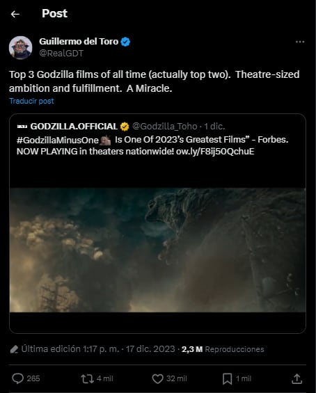 A Guillermo del Toro le gustó Godzilla Minus One y esta fue su sincera opinión