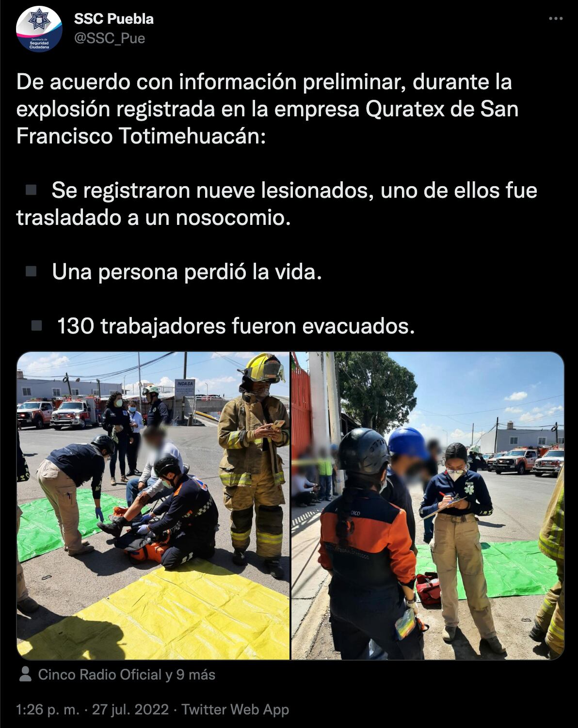 Explosión en San Francisco Totimehuacán, Puebla deja un muerto y 9 heridos