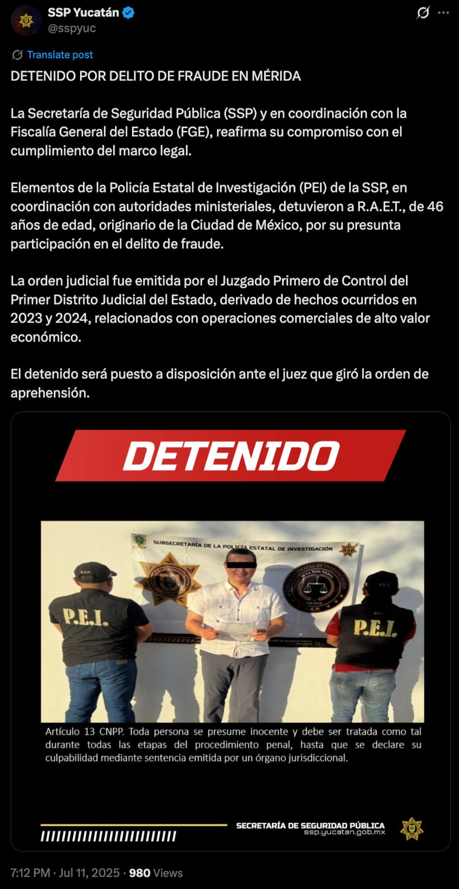 Detienen a Rafael Alejandro Echazarreta por fraude.