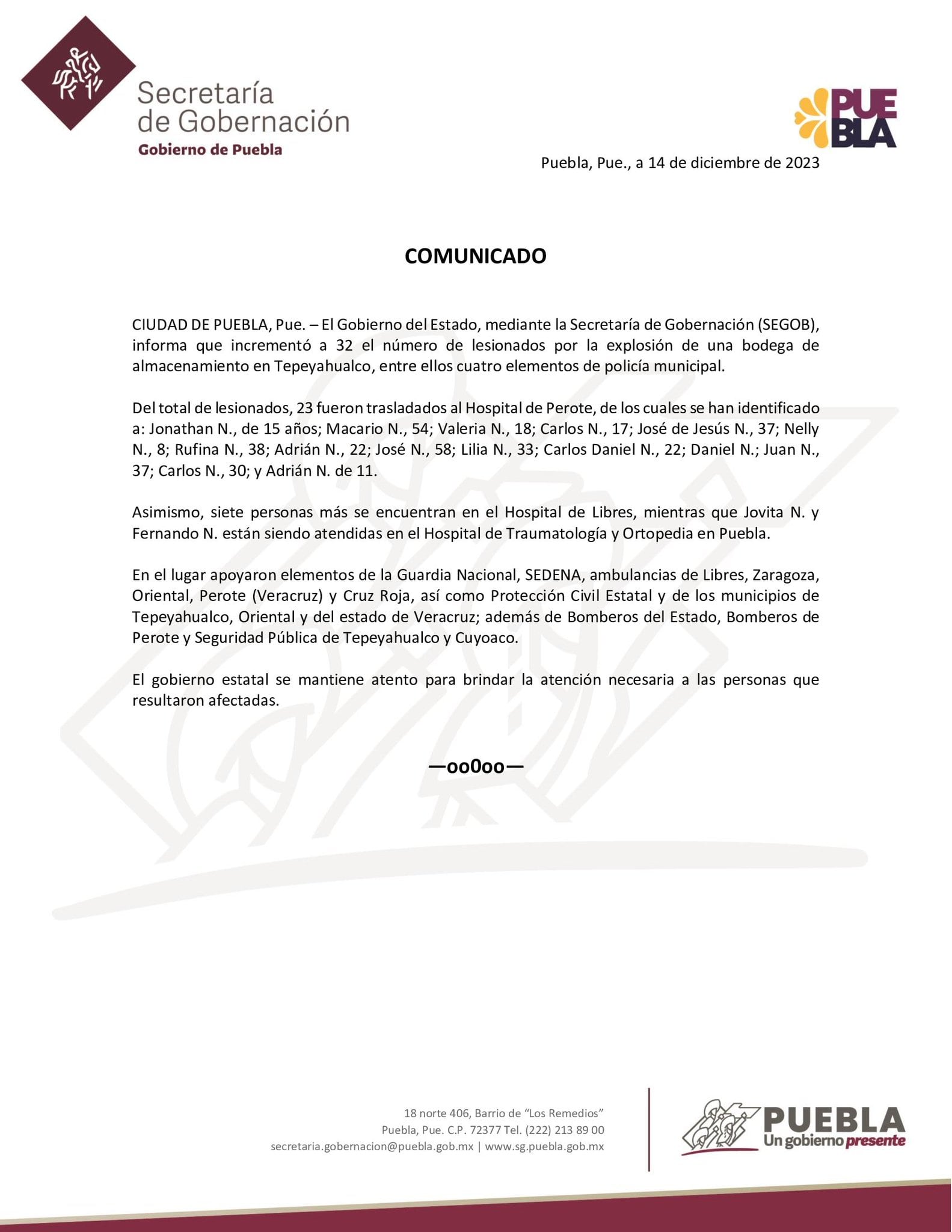 Comunicado de la Segob de Puebla sobre los muertos y heridos durante la explosión de pirotecnia en las fiestas patronales e Tepeyahualco