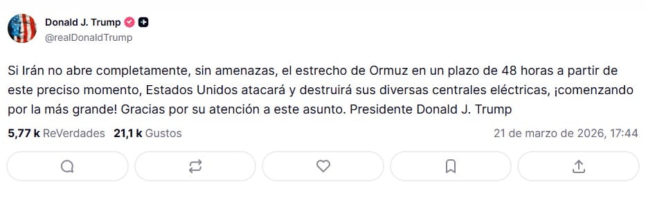 Donald Trump da 48 horas a Irán para abrir el estrecho de Ormuz