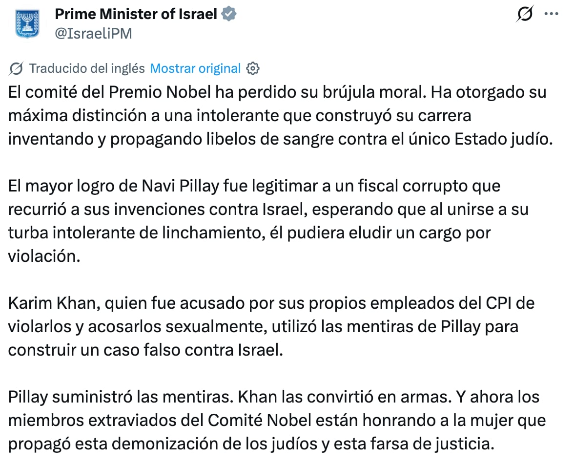 Netanyahu acusa a Navi Pillay de demonizar a los judíos tras recibir el Nobel de la Paz 2026