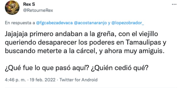 tuit de burla al gobernador de Tamaulipas, Francisco Cabeza de Vaca