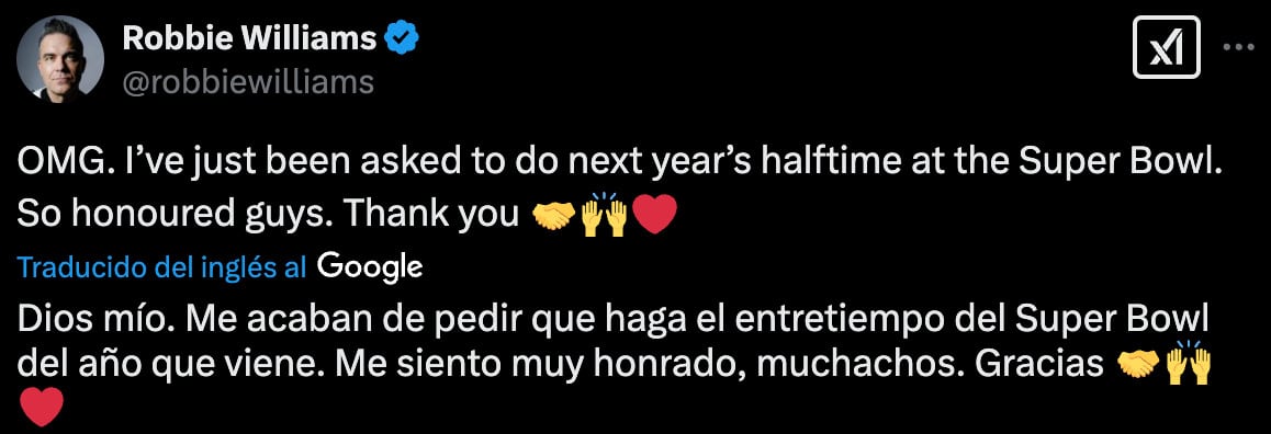 Robbie Williams revela que participará en el show de medio tiempo del Super Bowl 2026