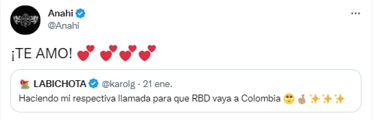 Anahí responde al tweet de Karol G sobre RBD.