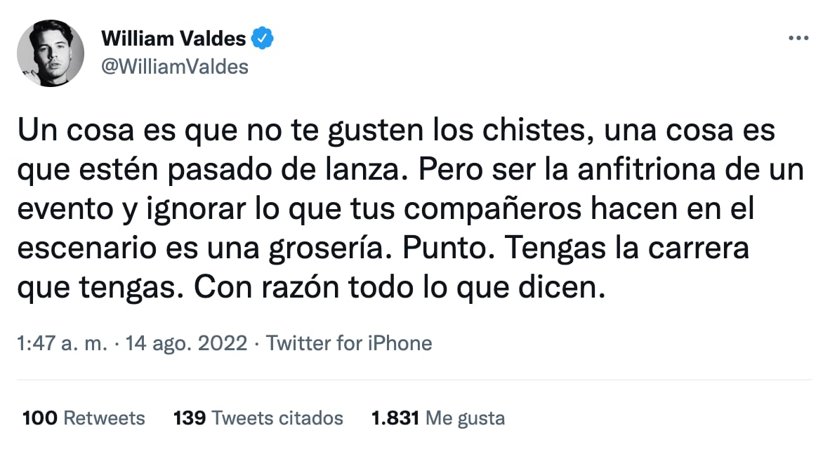 William Valdés critica a Lolita Cortés en Twitter