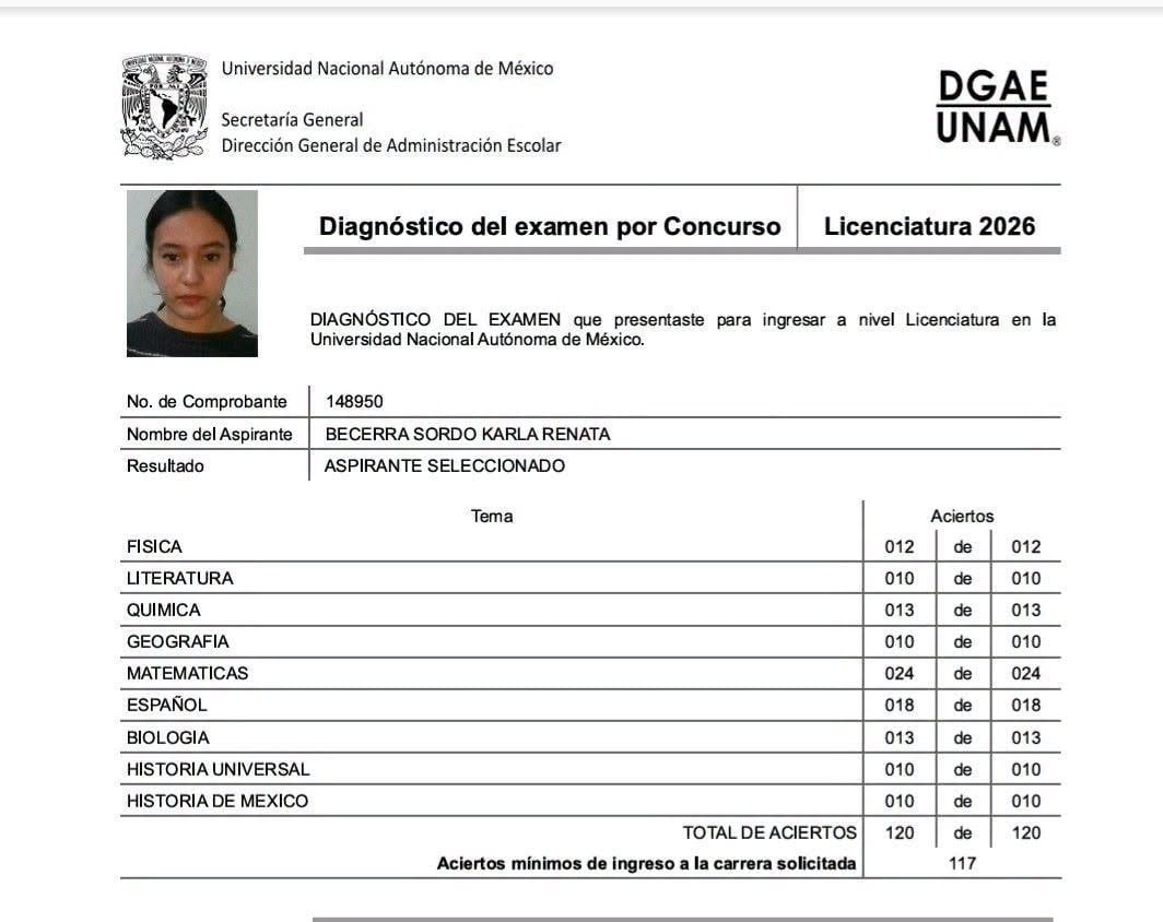 Karla Becerra logra 120 aciertos para Medicina en la UNAM
