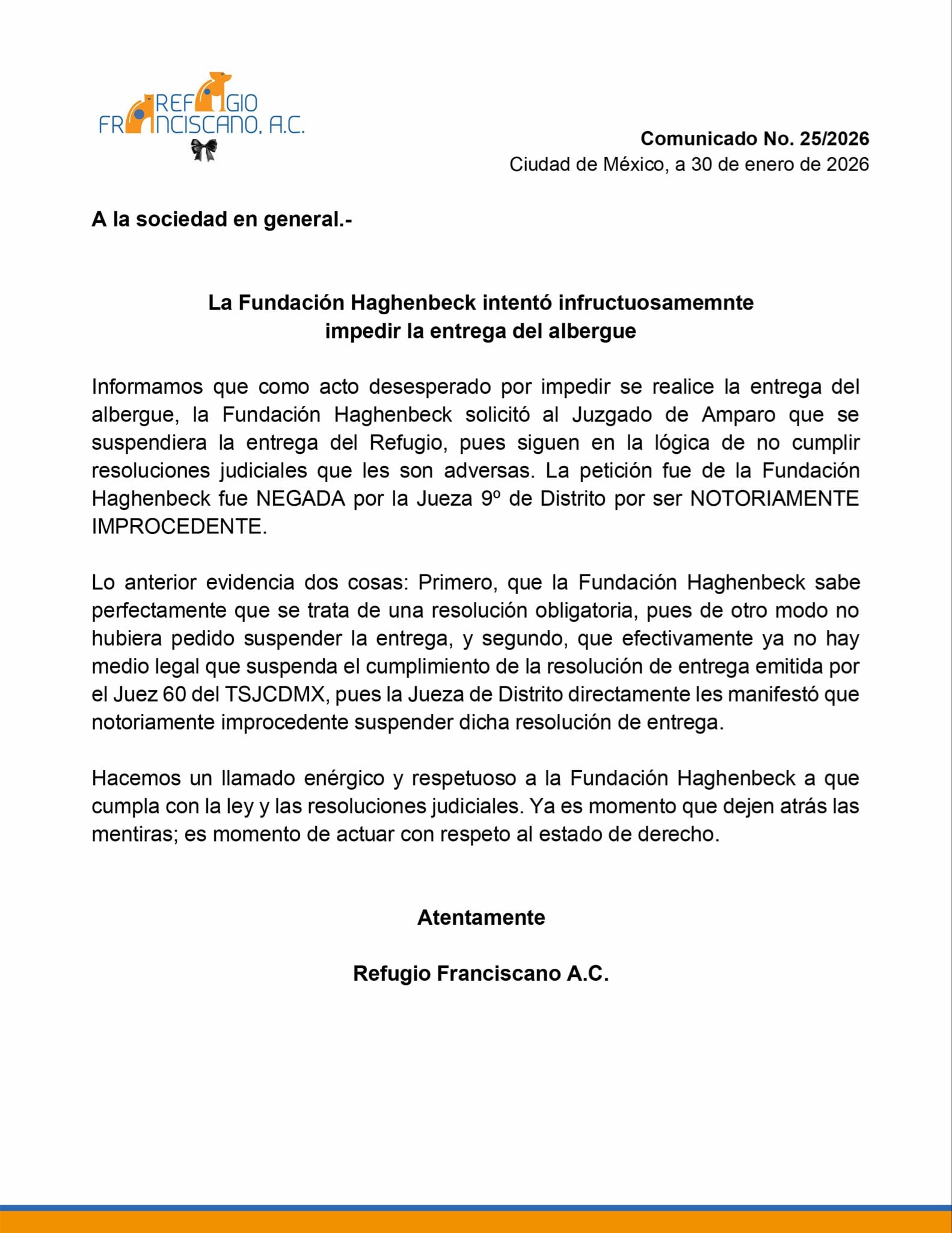 Refugio Franciscano acusa a Fundación Haghenbeck de frenar entrega de predio