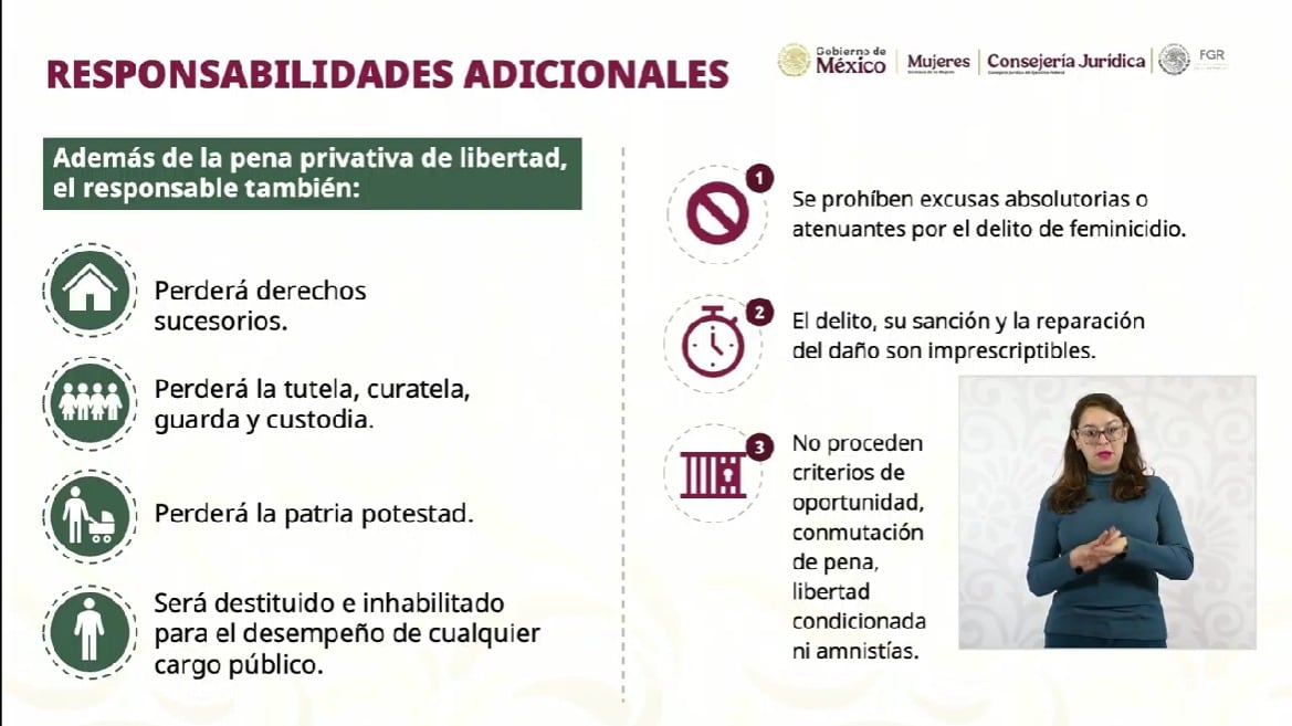 Luisa María Alcalde Luján, consejera jurídica del Ejecutivo Federal, la conferencia donde se presentó y firmó la Ley General para sancionar y reparar el daño por feminicidio