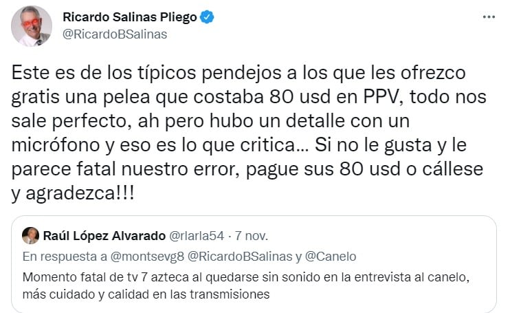Ricardo Salinas Pliego insulta a tuitero